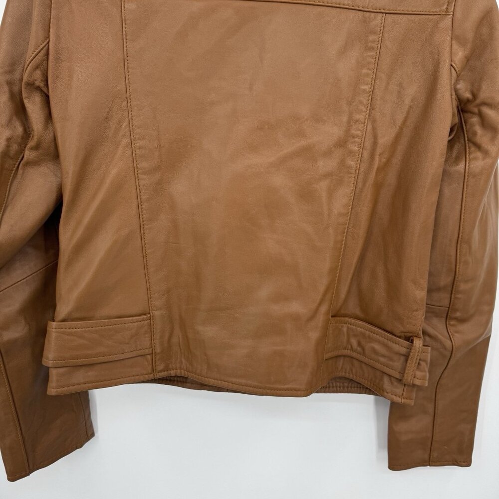 Quince Women's Cognac Leather Motorcycle Jacket size XS Sheep Leather Belted - Picture 14 of 16